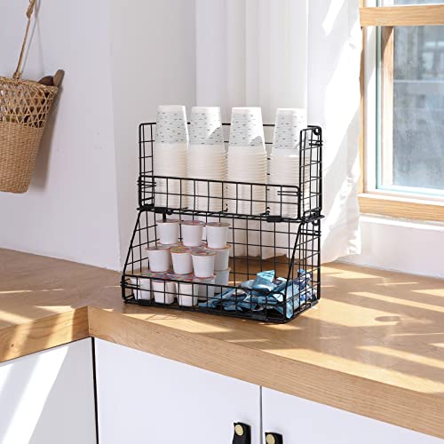 Stackable Cup Lid Dispenser and Coffee Condiment Organizer with 2 Removable Dividers, Wall Mount&Metal Wire Basket Storage for Coffee Tea Bag Snack,Stand Rack Holder for Breakroom Office | The Storepaperoomates Retail Market - Fast Affordable Shopping