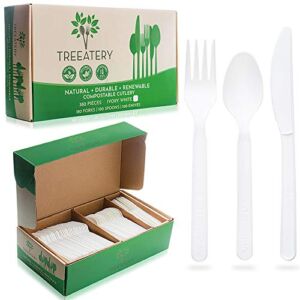 Treeatery Compostable Cutlery Set – 380 Value Pack [180 Forks, 100 Spoons, 100 Knives] – Plant A Tree With Every Box – Eco Friendly Compostable Utensils-BPI Certified Plant-Based Disposable Silverware