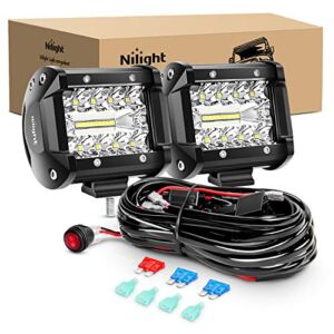 Nilight LED Light Bar 2PCS 60W 4 Inch Flood Spot Combo LED Work Light Pods Triple Row Work Driving Lamp with 12 ft Wiring Harness kit – 2 Leads,2 Year Warranty