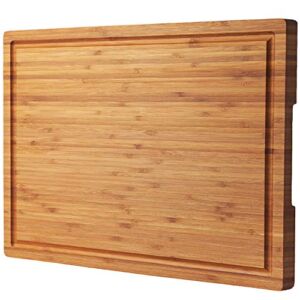Bamboo Wood Cutting Board for Kitchen, 18″ Large Cheese Charcuterie Chopping Block with Side Handles and Juice Grooves