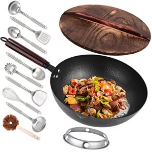 12.8″Carbon Steel Wok – 11Pcs Woks and Stir Fry Pans with Wooden Handle and Lid,10 Cookware Accessories,For Electric,Induction and Gas Stoves