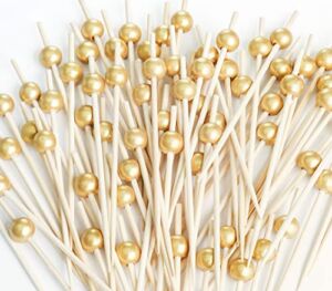 SEANSDA 200PCS Cocktail Picks, Fancy Cocktail Toothpicks for Appetizers Picks, Handmade Bamboo Cocktail Skewers for Appetizers Fruit Party, Gold Pearl Food Picks Charcuterie Accessories (4.7 Inch)