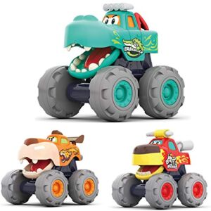 MOONTOY Toy Cars for 1 2 3 Year Old Boys, 3 Pack Friction Powered Cars Pull Back Toy Cars Set – Bull Truck, Leopard Truck, Crocodile Trucks, Push and Go Toy Cars for Toddler Boys Baby Gift.