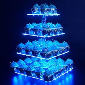 Cupcake Stand – Premium Cupcake Holder – Acrylic Cupcake Tower Display – Cady Bar Party Décor – 4 Tier Acrylic Display for Pastry + LED Light String – Ideal for Weddings, Birthday (Blue Light)