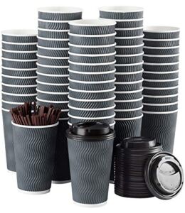 Disposable Coffee Cups with Lids and Straws – 16 oz (90 Set) Togo Hot Paper Coffee Cup with Lid To Go for Beverages Espresso Tea Insulated Reusable Cold Drinks Ripple Cups Protect Fingers From Heating