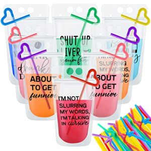 Drink Pouches with Straws Plastic Drink Bags with Zipper Party Beverage Bags Juice Pouches for Adults and Teens (24 Sets,6 Styles)