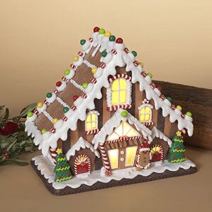 One Holiday Way 9.5-Inch Light Up Faux Gingerbread Cottage House w/Candy and Tree Accents – LED Lighted Xmas Home Decor Figurine – Christmas Village Decoration for Mantel, Tabletop, Desk