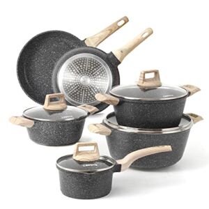 CAROTE Nonstick Granite Cookware Sets, 10 Pcs Pots and Pans Set, Non Stick Stone Kitchen Cookware Set with Frying Pans(Granite, Induction Cookware)
