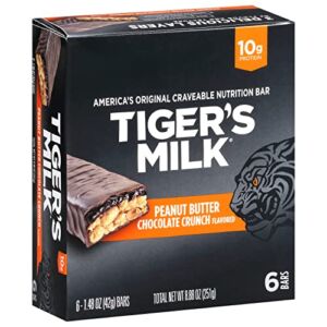 Tiger’s Milk Peanut Butter Chocolate Crunch Flavored Protein Bar, 6 Count (Pack of 1)