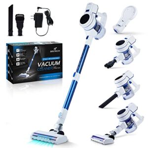 Britech Cordless Lightweight Stick Vacuum Cleaner, 250W Motor for Powerful Suction 30min Runtime, LED Display Screen & Headlights, Great for Carpet Cleaner, Hardwood Floor & Pet Hair (White)