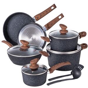 Kitchen Academy Induction Cookware Sets – 12 Piece Cooking Pan Set, Granite Black Nonstick Pots and Pans Set