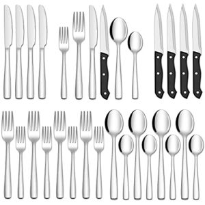 Hiware 24-Piece Silverware Set with Steak Knives, Stainless Steel Cutlery Set, Mirror Polished Utensils for 4, Includes Forks Spoons Knives Silverware, Dishwasher Safe