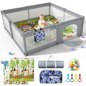 Baby Playpen 79″ X 71″ , LUTIKIANG Play Yard for Babies and Toddlers with Mat, Safety Extra Large Baby Fence Area, Indoor & Outdoor Kids Activity Play Center with Anti-Slip Suckers and Zipper Gate.