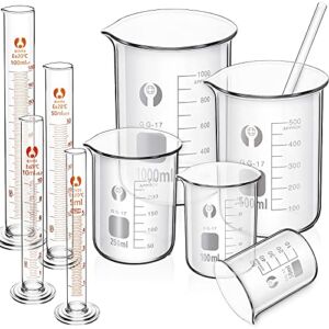 Feekoon 10 Pieces Glass Measuring Beaker and Graduated Measuring Cylinder with Stirring Rod 50/100/ 250/500/ 1000 ml Thick Glass Beakers and 5/10/ 50/100 ml Graduated Cylinders for Science Lab