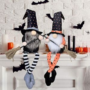 Halloween Witch Gnomes with Broom, Dangle Leg Sitting Fall Autumn Gnomes, Faceless Tomte Halloween Table Tier Tray Decor Sets of 2
