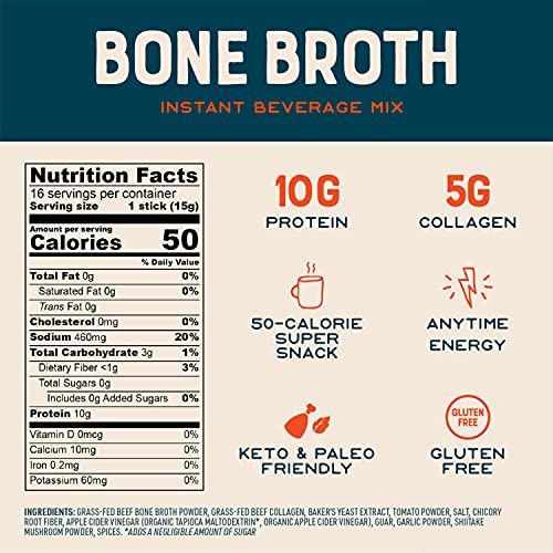 Bare Bones Bone Broth Instant Powdered Beverage Mix, Beef, Pack of 16, 15g Sticks, 10g Protein, Keto & Paleo Friendly | The Storepaperoomates Retail Market - Fast Affordable Shopping