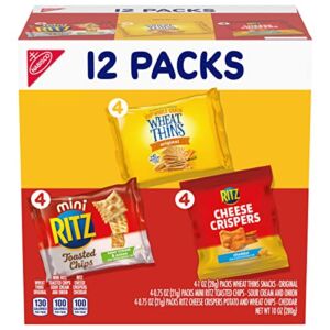 Nabisco Cracker Variety Pack, RITZ Mini Toasted Chips Sour Creme and Onion, RITZ Cheese Crispers Cheddar Chips, & Wheat Thins 100% Whole Grain Wheat Crackers, 12 Snack Packs