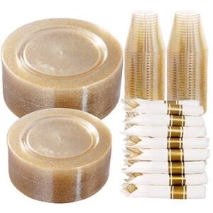 DaYammi 350 Pieces Gold Glitter Dinnerware Set 50 Guest for party- 50 Dinner Plates, 50 Dessert Plates -50 Per Rolled Napkins with Gold Cutlery – 50 Disposable Cups 9 OZ