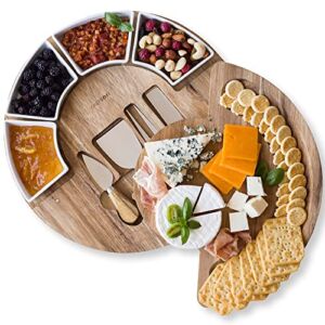 Cheese Board Set – Charcuterie Board Set and Cheese Serving Platter. US Patented 13 inch Meat/Cheese Cutting Board and Knife Set for Entertaining and Serving – 4 Knives and 4 Bowls Server Plate