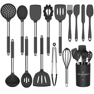 Silicone Cooking Utensil Set, Umite Chef 15pcs Silicone Cooking Kitchen Utensils Set, Non-stic – Best Kitchen Cookware with Stainless Steel Handle – Black