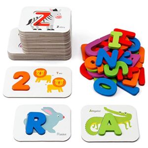 Coogam Numbers and Alphabets Flash Cards Set – ABC Wooden Letters and Numbers Animal Pattern Board Matching Puzzle Game Montessori Educational Learning Toys Gift for Preschool Kids Age 3 4 5 Years