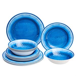 Amazon Basics Melamine Dinnerware Set, Service for 4, Blue Crackle Glaze – Set of 12
