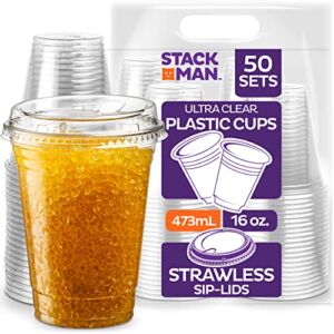 16 oz. Clear Cups with Strawless Sip-Lids, [50 Sets] PET Crystal Clear Disposable 16oz Plastic Cups with Lids