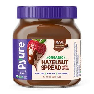 Pyure Organic Chocolate Hazelnut Spread | 90% Less Sugar | 1 Net Carb Keto Snack | No Palm Oil, Gluten-Free, Peanut Free, Plant-Based Hazelnut Spread for Vegan Keto Friendly Food | 13oz