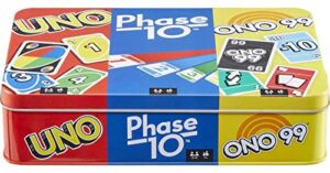 3 Card Games, UNO, Phase 10, ONO 99, Gifts for Kids, Adults and Family Night, Storage Tin Box |Travel Games