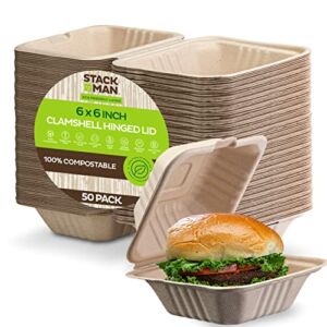 Stack Man-BG-60HT1K 100% Compostable Clamshell Take Out Food Containers [6×6″ 50-Pack] Heavy-Duty Quality to go Containers, Natural Disposable Bagasse, Eco-Friendly Biodegradable Made of Sugar Cane Fibers