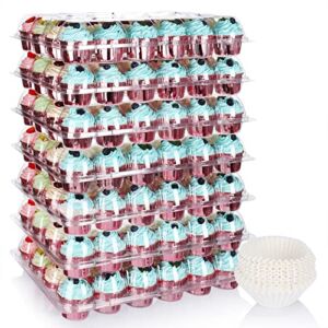 (24 Pack x 7 Sets) Farielyn-X Stackable Cupcake Carrier Holders with 168 Pack Cupcake Liners, Plastic Cupcake Boxes for 24 Cupcakes, Clear Disposable Cupcake Containers, Tall Dome Lid Cupcake Trays