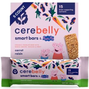 Cerebelly Toddler Snack Bars – Peppa Pig Carrot Raisin (Pack of 5), Healthy & Organic Whole Grain Bars with Veggies & Fruit, 15 Brain-supporting Nutrients from Superfoods, Nut Free, No Added Sugar, Made with Gluten Free Ingredients