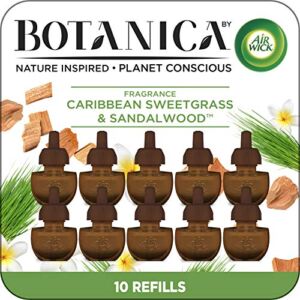 Air Wick Botanica Plug in Scented Oil, 10 Refills, Caribbean Sweetgrass and Sandalwood, Air Freshener, Eco Friendly, Essential Oils, 10 Count