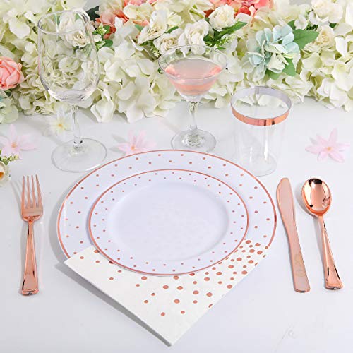 WELLIFE 350 PCS Rose Gold Plastic Dinnerware, Disposable Rose Gold Dot Plates, Include: 50 Dinner Plates, 50 Dessert Plates, 50 Forks, 50 Knives, 50 Spoons, 50 Cups, 50 Dot Napkins | The Storepaperoomates Retail Market - Fast Affordable Shopping