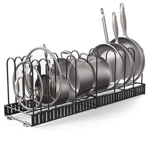 Vdomus Expandable Pot Rack Organizer with 4 DIY Storage Positions, Length Adjustable and Max Extended to 13+ Pans Holder for Under Cabinet or Counter, Black Metal