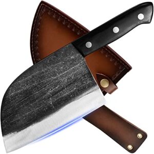 Authentic XYJ Since 1986,Outstanding Ancient Forging,6.7 Inch Full Tang,Serbian Chefs knife,Chef Meat Cleaver,Kitchen Knives,Set with Leather Sheath,Take Carrying,Butcher,for Camping or Outdoor