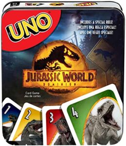 UNO Jurassic World Dominion Card Game with Movie-Themed Deck, Special Rule and Storage Tin, Gift and Collectible for Dinosaur Fans