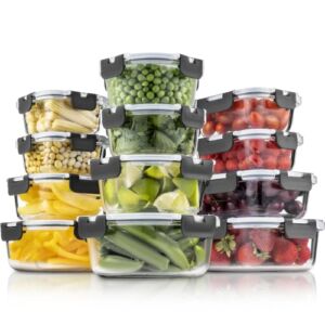 FineDine 24-Piece Superior Glass Food Storage Containers Set – Newly Innovated Hinged Locking lids – 100% Leakproof Glass Meal-Prep Containers, Great On-the-Go & Freezer-to-Oven-Safe Food Containers