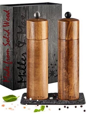 Wooden Salt and Pepper Grinder Set, Acacia Wood Salt and Pepper mills set, Salt and Pepper Grinders Refillable, 8 inches Sea Salt and Black Pepper Mill Set, Adjustable Shakers, Natural Slate Stand | The Storepaperoomates Retail Market - Fast Affordable Shopping