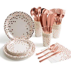 175 Pieces Rose Gold Party Supplies – Rose Gold Dot on White Paper Plates and Napkins Cups Silverware Serves 25 Sets for Wedding Bridal Shower Engagement Birthday Parties