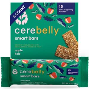 Cerebelly Toddler Snack Bars – Apple Kale (Pack of 5), Healthy & Organic Whole Grain Bars with Veggies & Fruit, 15 Brain-supporting Nutrients from Superfoods, Nut Free, No Added Sugar, Made with Gluten Free Ingredients