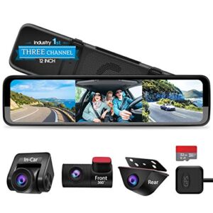 PORMIDO Triple Mirror Dash Cam 12″ with Detached Front and in-Car Camera,Waterproof Backup Rear View Dashcam Anti Glare 1296P IPS Touch Screen,Starvis Night Vision,GPS,Parking Assistance