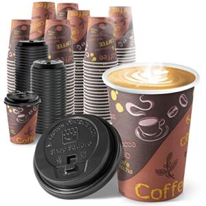 Disposable Coffee Cups with Lids 12 oz (100 Pack) – To Go Paper Coffee Cups for Hot & Cold Beverages, Coffee, Tea, Hot Chocolate, Water, Juice – Eco Friendly Cups