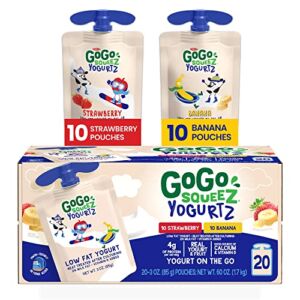 GoGo squeeZ yogurtZ Variety Pack, Strawberry, Banana, 3 oz. (20 Pouches) – Pantry Friendly Kids Snacks Made from Real Yogurt & Fruit, No Fridge Needed – No Preservatives – Kosher Certified – Gluten Free Snacks for Kids
