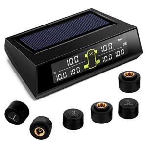 RV TPMS Tire Pressure Monitoring System,TS200 Solar Wireless TPMS with 6 Tire External Sensors Digital LCD Display RV Auto Security Alarm for Car RV Trailer Truck Tow Motorhome