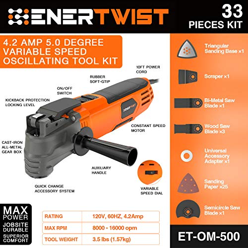 ENERTWIST Oscillating Tool, 4.2 Amp Oscillating Multitool Kit with 5° Oscillation Angle, 6 Variable Speed, 31pcs Saw Accessories, Auxiliary Handle and Carrying Bag, ET-OM-500 | The Storepaperoomates Retail Market - Fast Affordable Shopping