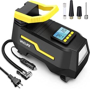 VacLife AC/DC 2-in-1 Tire Inflator – Portable Air Compressor, Air Pump for Car Tires (up to 50 PSI), Electric Bike Pump (up to 150 PSI) w/Auto Shut-Off Function, Model: ATJ-1666, Yellow (VL708)