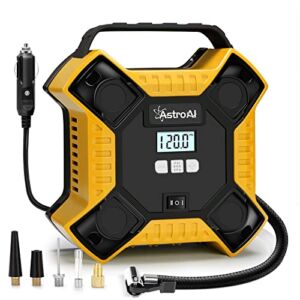 AstroAI Air Compressor Tire Inflator Portable Air Pump for Car Tires, 12V DC Integrated Metal Structure Tire Pump 160PSI with LED Light for Cars, Bicycles, Motorcycles, and Other Inflatables(Yellow)