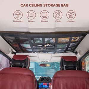 Upgrade Car Ceiling Cargo Net Pocket,31.5″x21.6″ Strengthen Load-Bearing and Droop Less Double-Layer Mesh Car Roof Storage Organizer,Truck SUV Travel Long Road Trip Camping Interior Accessories