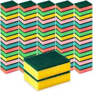 DecorRack 80 Cleaning Scrub Sponges for Kitchen, Dishes, Bathroom, Car Wash, One Scouring Scrubbing One Absorbent Side, Abrasive Scrubber Sponge Dish Pads, Heavy Duty, Assorted Colors (Pack of 80)